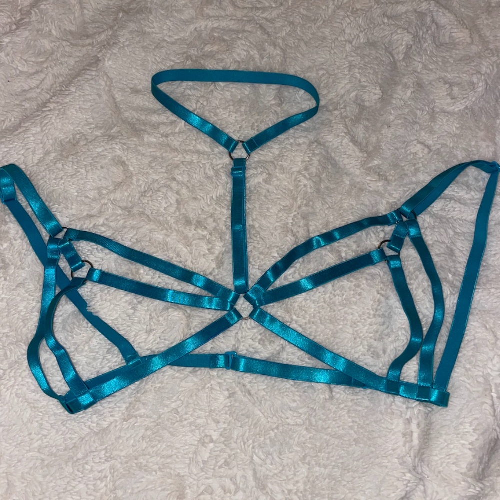 Handmade Festival Harness Bra Top - Pretty Blue - Adjustable Size XS/S